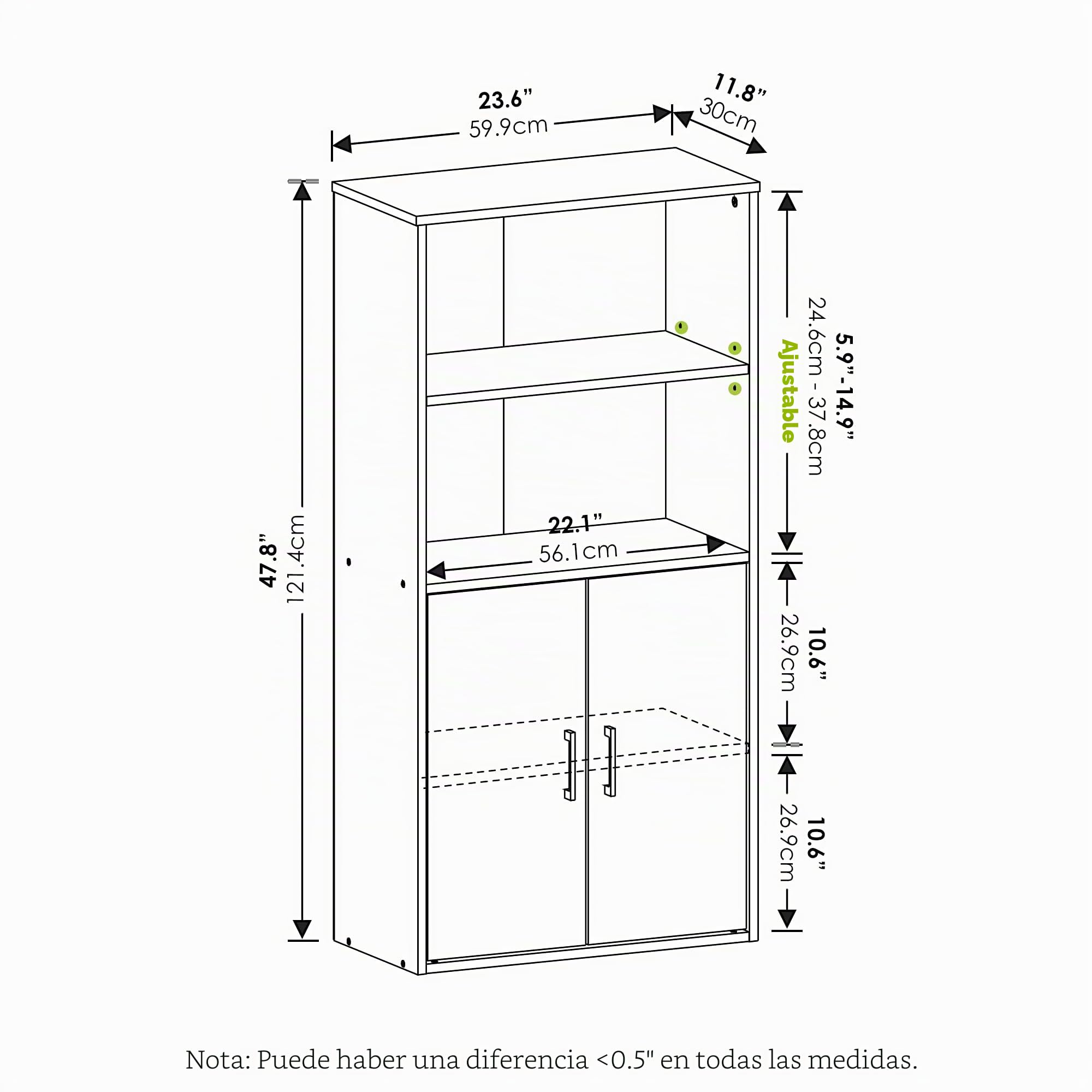 Furinno Pasir Armario de Almacenamiento con 2 estantes Abiertos y 2 Puertas, Madera de ingeniería, White, 59.9(W) x 121.4(H) x 30(D) cm