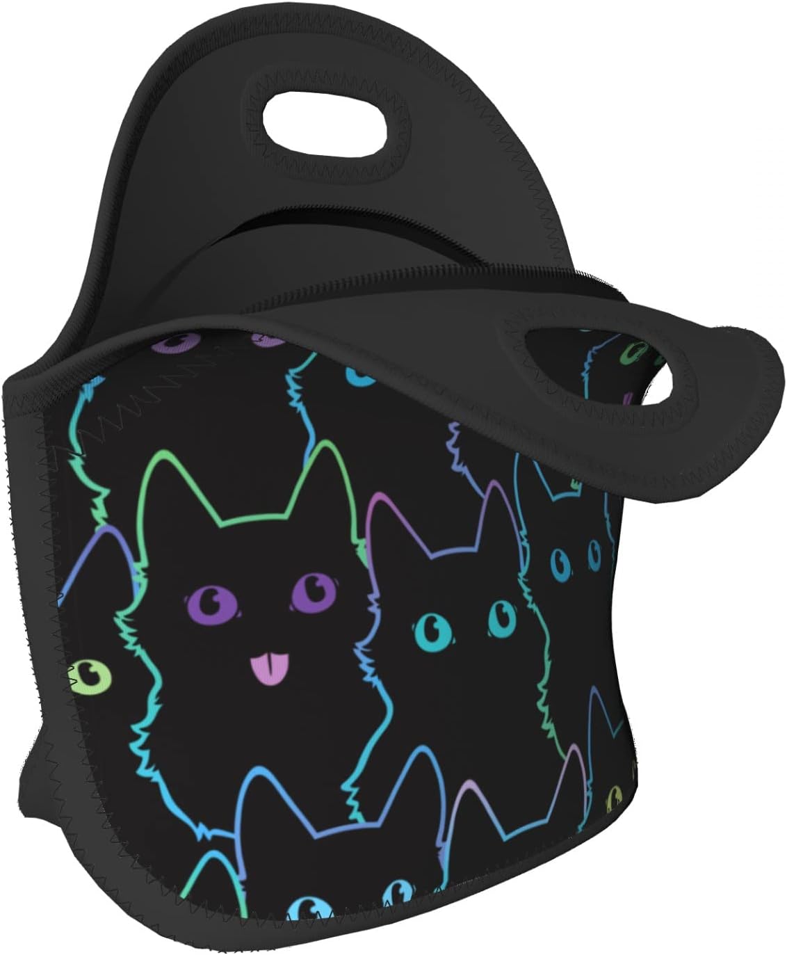 Nerxy Cat Insulated Neoprene Lunch Bag Cute Cats Small Tote For Kids Adults Black Thermal Sack Art Reusable Container School Picnic Camping Outdoors, 11.4x5.5x11 In (catBDB230408)