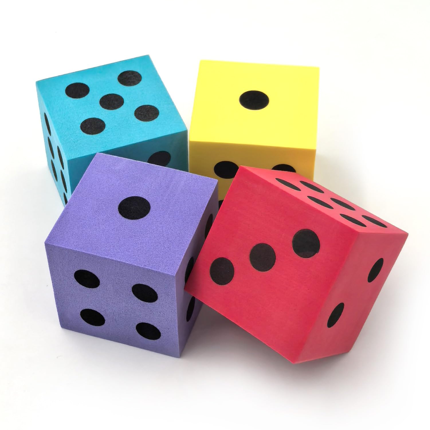 Deke Home - Foam Dice Set (Pack of 4), Big Dice for Classroom & Home Schooling, Assorted Bright Colors, Large 1.96 in, Lightweight, Quiet Play Toy, Math Games, Classrooms