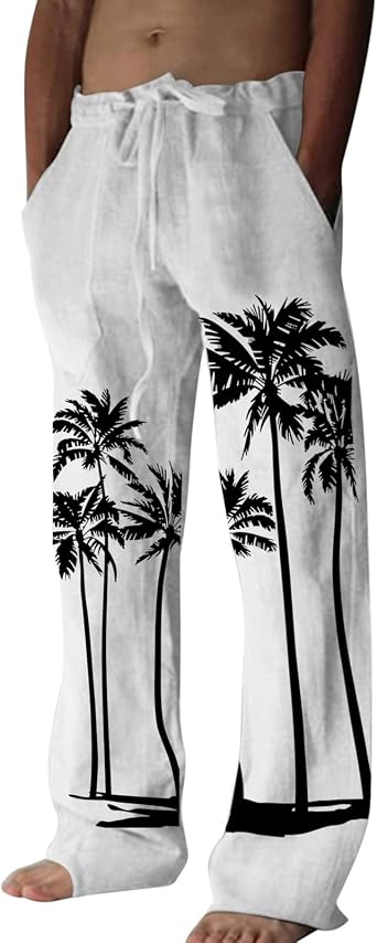 Linen Pants Men, Lightweight Casual Loose Fit Wide Leg Breathable Elastic Waist Graphic Pants Baggy Joggers