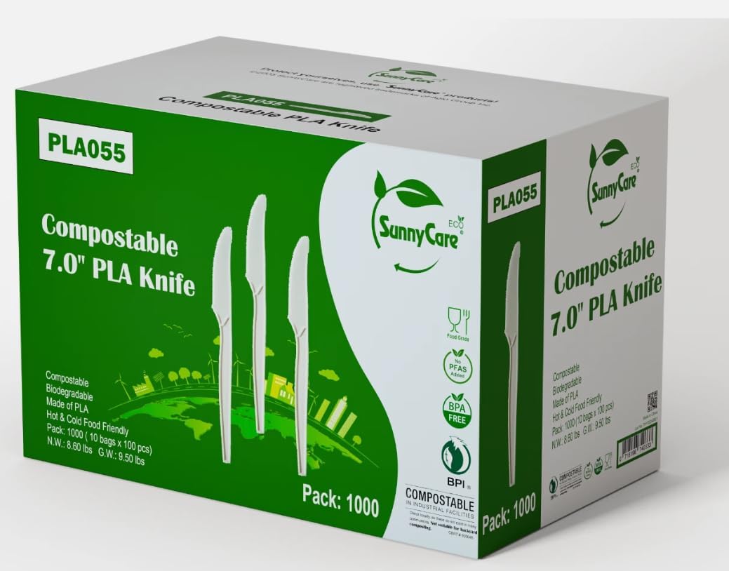 SunnyCare Compostable Knife, 7 Inch, Biodegradable Disposable Cutlery, White, 1000 Count
