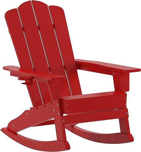 Flash Furniture Newport Adirondack - Silla mecedora con soporte para tazas, resistente a la intemperie, de poliresina Adirondack, color rojo