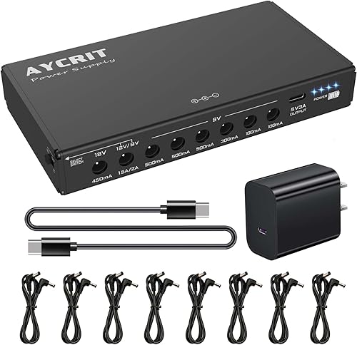 [Nueva versión] Fuente de alimentación de pedal de guitarra AYCRIT recargable, 12800 mAh, 9 salidas 9V2A/12V1.5A/18V450mA y puerto 5V2A tipo C para