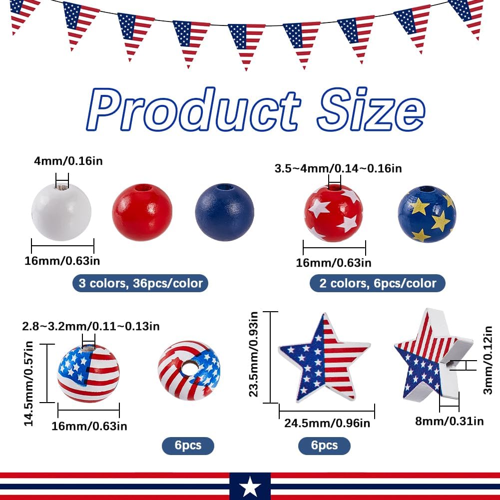 132Pcs 7 Styles Independence Day Beads Patriotic Wood Beads 16mm Large Star American Flag Wood Bulk Holiday Farmhouse Round Wooden 4th of July Jewelry Making Necklaces Bracelets DIY Crafts