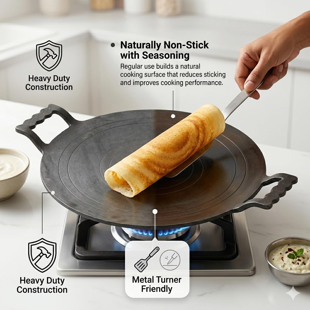 Nakshathra Iron Dosa Tawa with Free Turner - 12 Inch, Heavy Duty Kallu for Crispy Dosas, Paratha & Chapati, Natural, Even Heat Distribution, No Chemical Coating (Black) 2