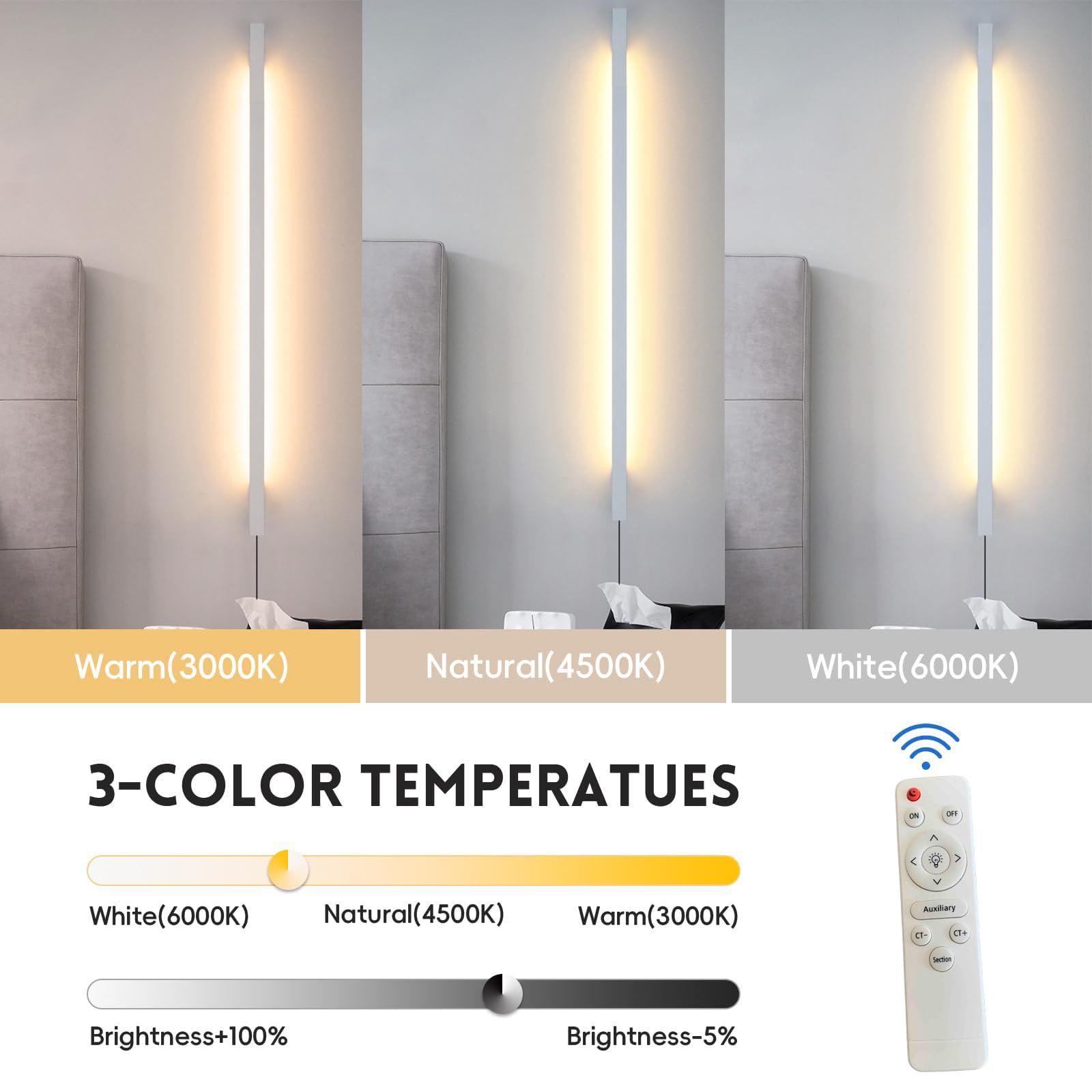 Wandleuchte Dimmbare Innen LED Wandlampe mit Fernbedienung 10-100% Einstellbar Wandbeleuchtung mit Schalter und Stecker Wandleuchte Schlafzimmer Wohnzimmer Treppenhaus Kinderzimmer (Schwarz,80CM)
