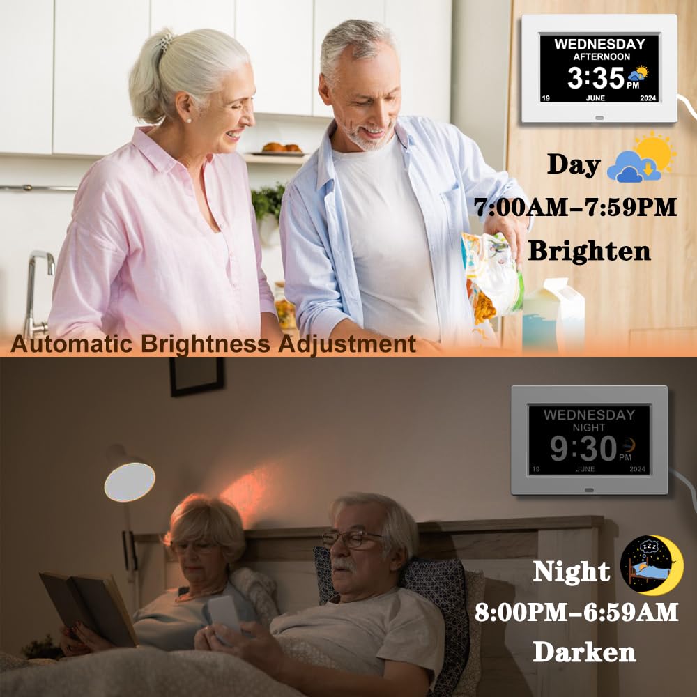 AINFTIME Reloj digital con fecha y día de la semana para ancianos, 12 alarmas, recordatorio de medicamentos, demencia, Alzheimer, calendario con pantalla extragrande (7 pulgadas, blanco)