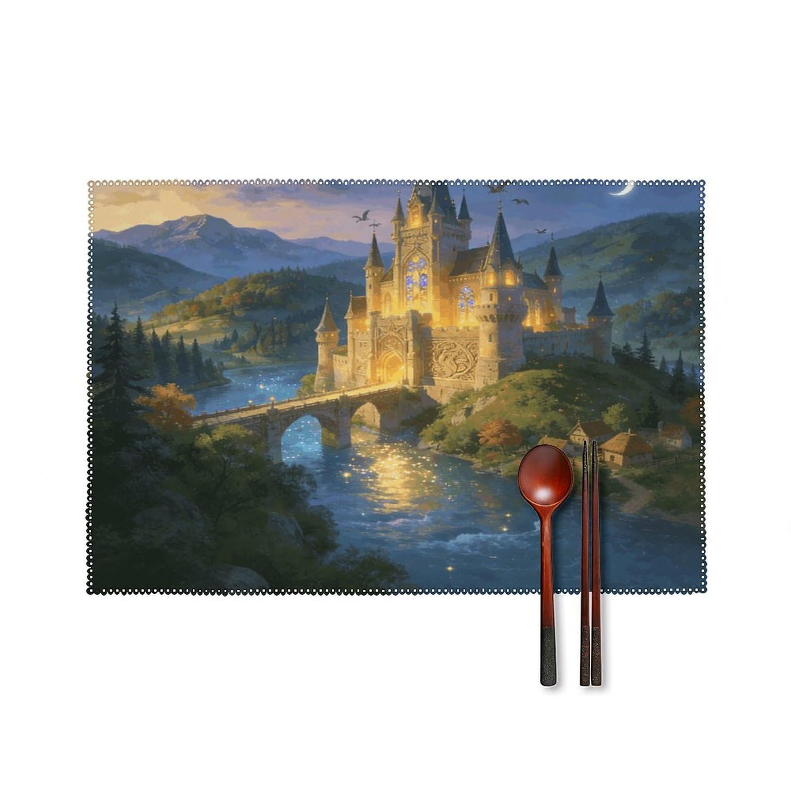 Khauerbc Style Fantasy Castle Placemats Set Of 6,Decorating The Dining Table，Canvas Washable Table Mats，Wipe Clean Anti Slip Dining Table Place Mats For Party Kitchen Dining Decoration