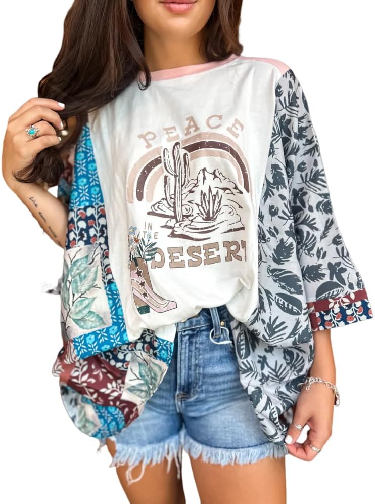 Graphic Tees for Women Boho 3/4 Dolman Sleeve Tops Floral Print Ponchos Crewneck Batwing Tops Loose Western Shirts - Image 3