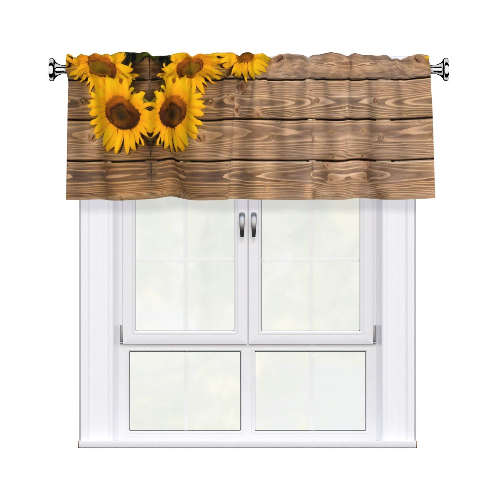 HJFCZH WHJSSF Three Sunflowers on Wooden Prints 54x18in Curtain Valance - Peach Skin Polyester Kitchen Cover with Light Filtering Floral & 3" Rod Pocket