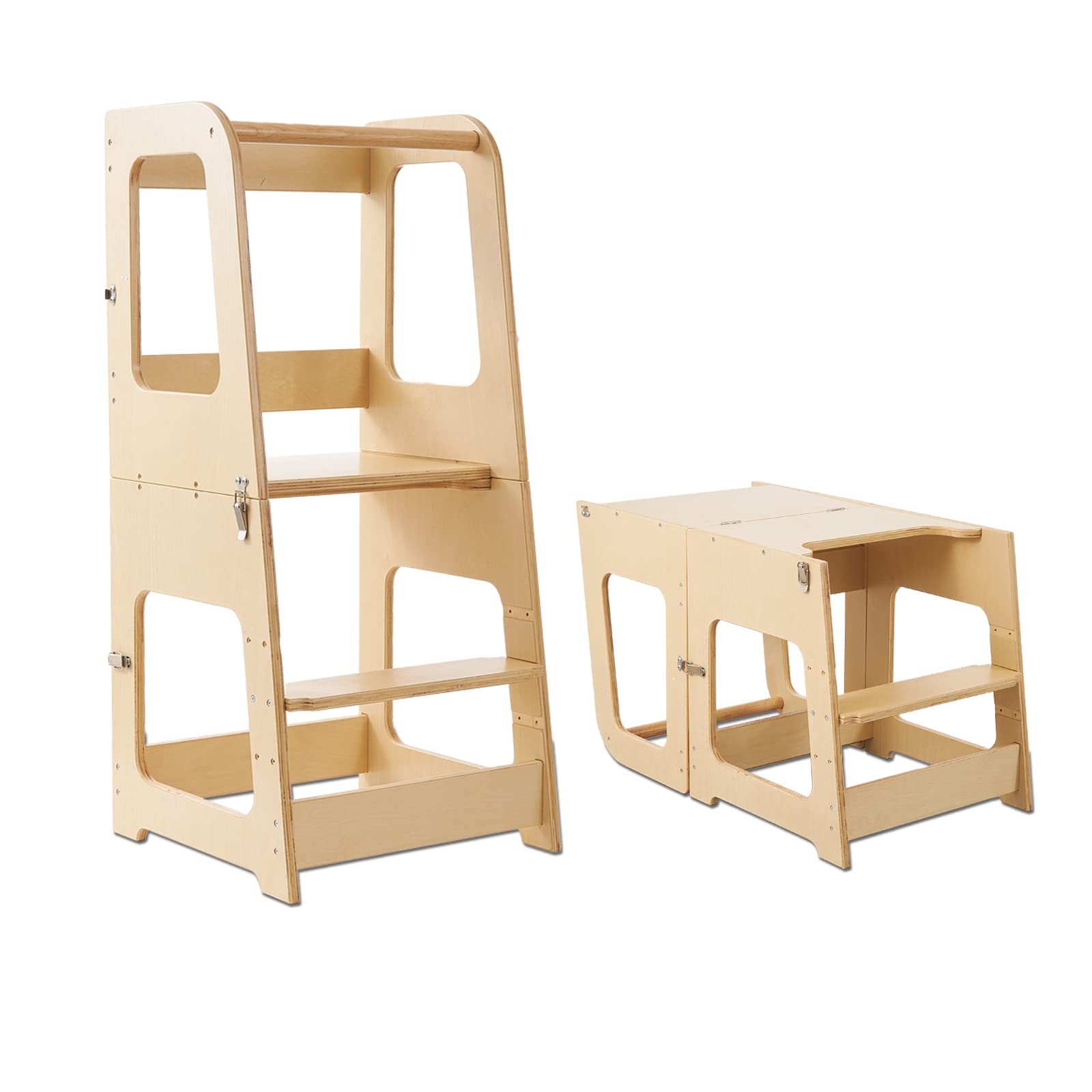 UNCLE WUAdjustable 2 in 1 Kitchen Helper Montessori Step Stool for Toddlers -Toddler Learning Tower Convertible Design - Kids Step Montessori Stool (Natural)