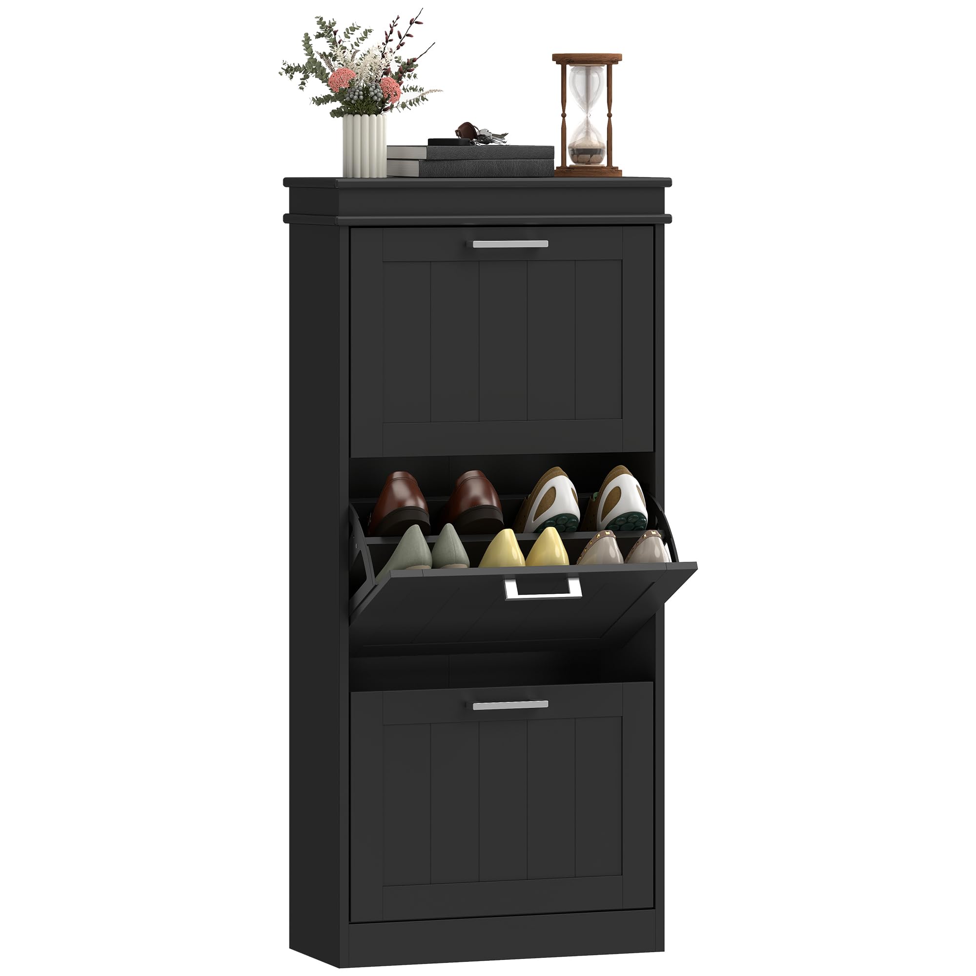 HOMCOM 3 Flip Drawers Narrow Shoe Cabinet, Adjustable Shelves, Black