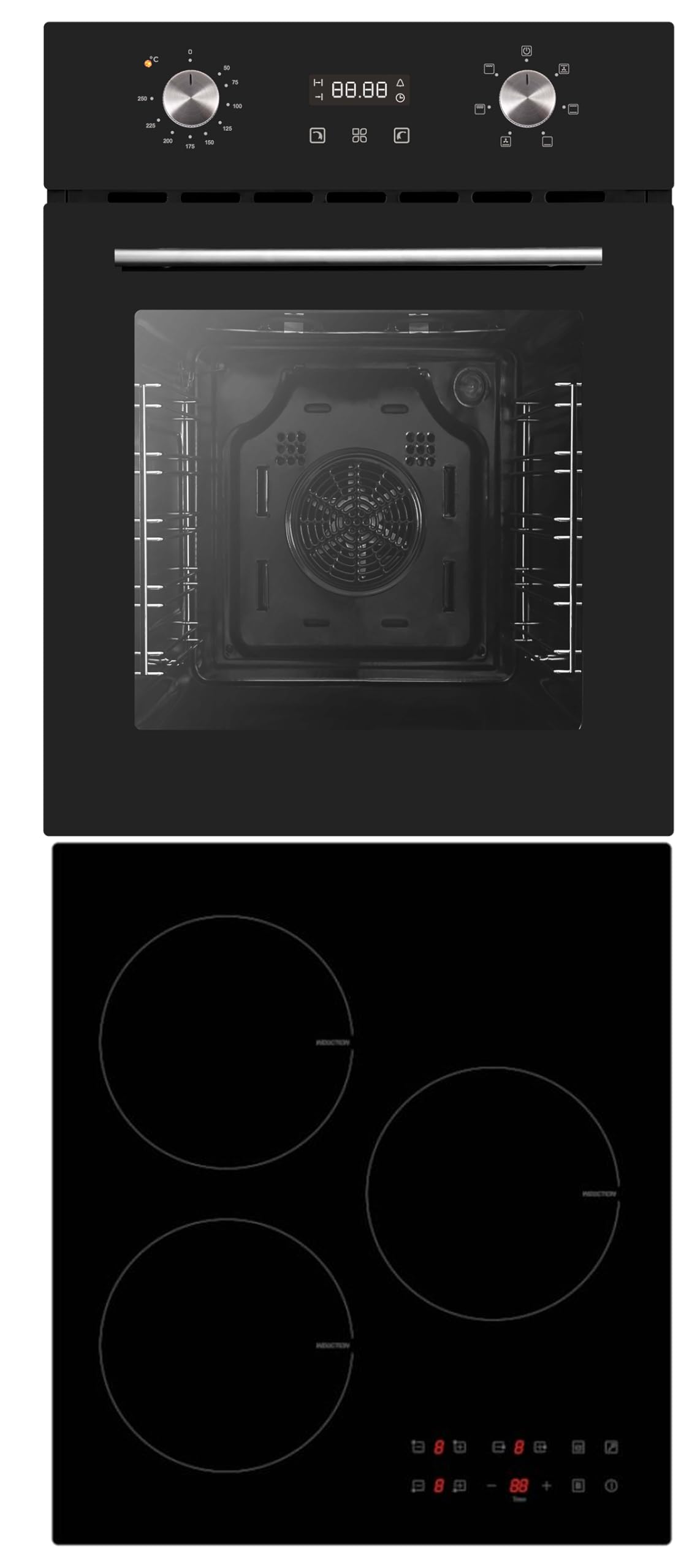 PKM Einbauherd Set | nur 45 cm breit | Backofen | Umluft und Grill | 1 Set Teleskopauszüge | Induktions-Kochfeld | drei Kochzonen | Timer