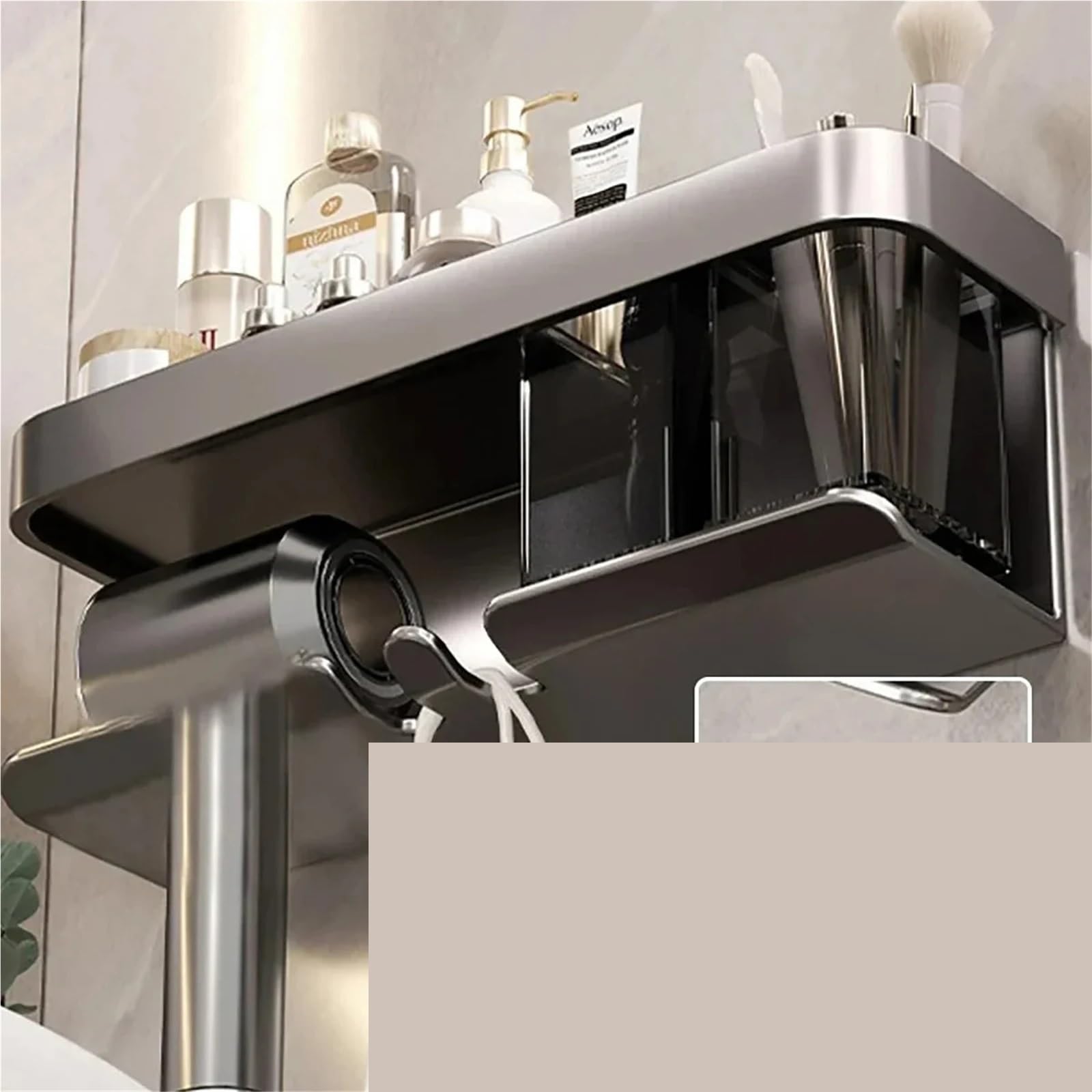 Haartrockner-Aufbewahrungsregal aus Aluminiumlegierung, ohne Bohren, zur Wandmontage, 2-in-1-Badezimmerregal Für Haartrockner