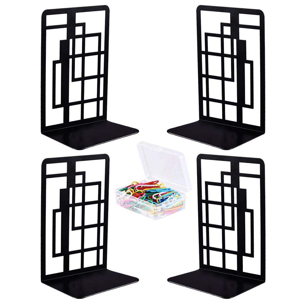Bookends Book Ends, Heavy Duty Metal Book Ends, Geometric Decorative Design, Black Book Supports Non Skid Book Stoppers 2 Pairs, Bookend Holder for Office School Library with 1 Box of Paper Clips