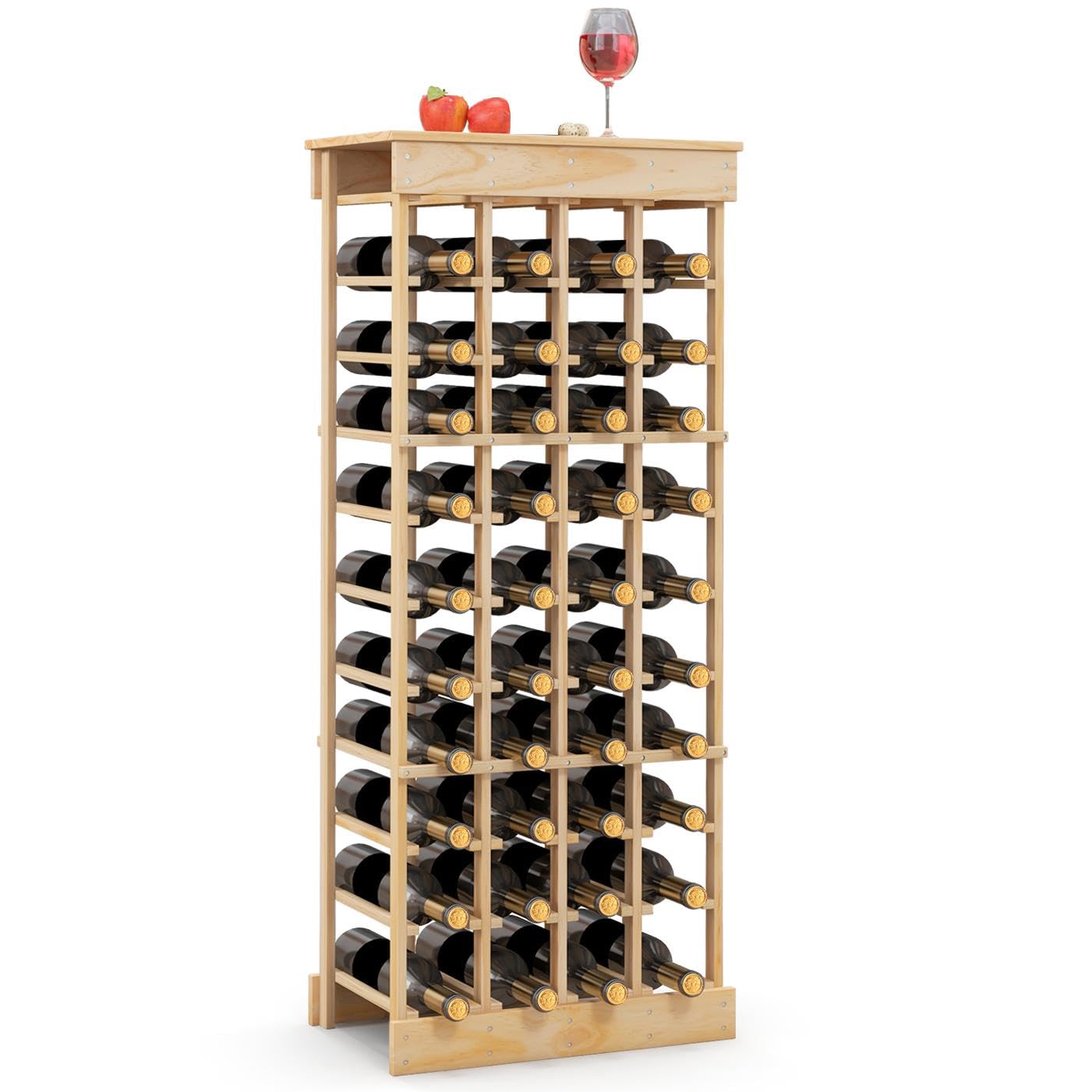 TANGZON 40 Bottles Wine Rack, 10-Tier Freestanding Wood Wine Storage Holder with Tabletop, Wine Bottle Display Shelf Organizer for Home Bar Kitchen Dining Living Room, Natural