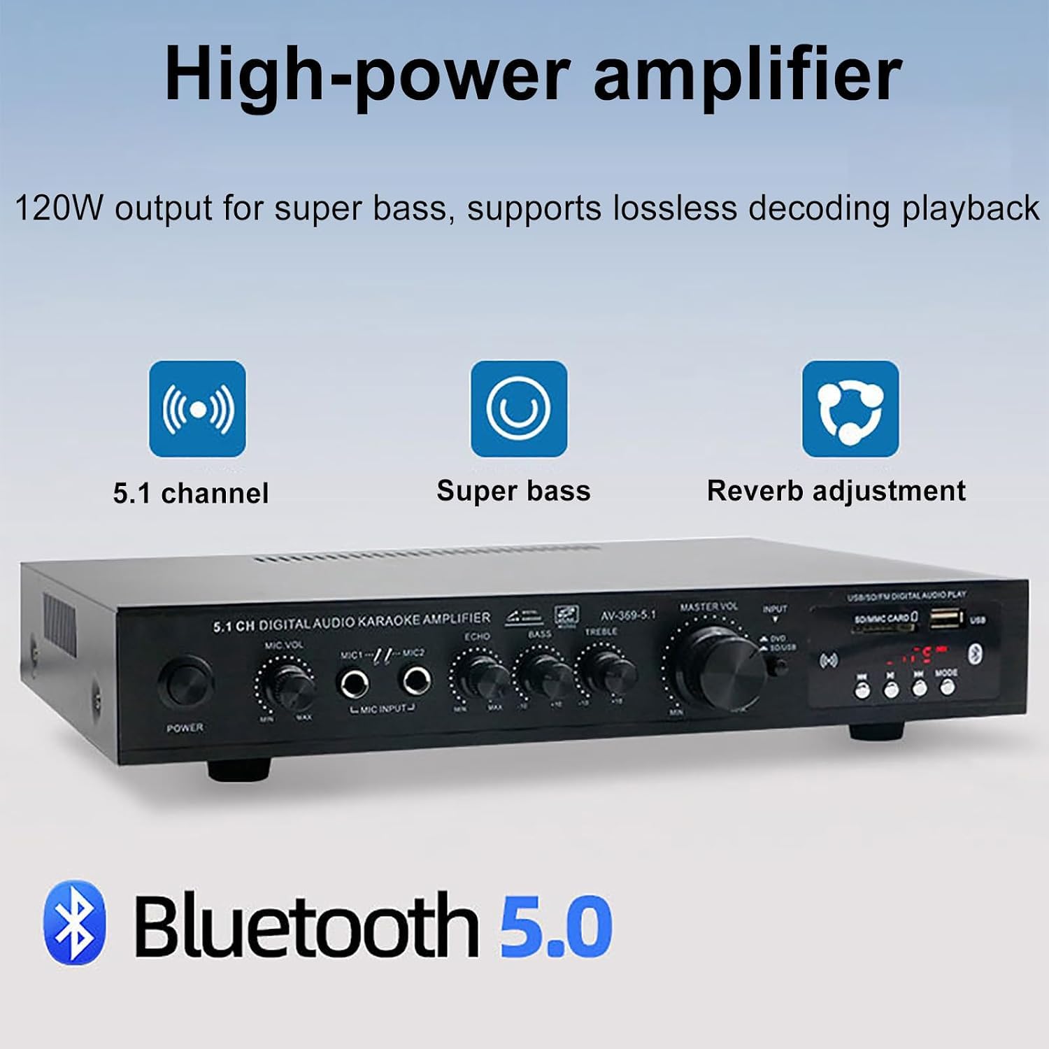 Amplificatore Digitale A 5.1 Canali, Amplificatore Stereo Bluetooth, Con Telecomando, Ingressi Ottici E Coassiali, Regolazione Del Riverbero, Bluetooth/usb/scheda Sd, Per Casa, Studio, Karaoke O