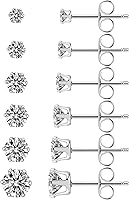 RingcalJewelry Hypoallergenic Stainless Steel Stud Earrings Set - 6 Pairs CZ Cubic Zirconia 14K White Gold Plated 3-8mm for Women