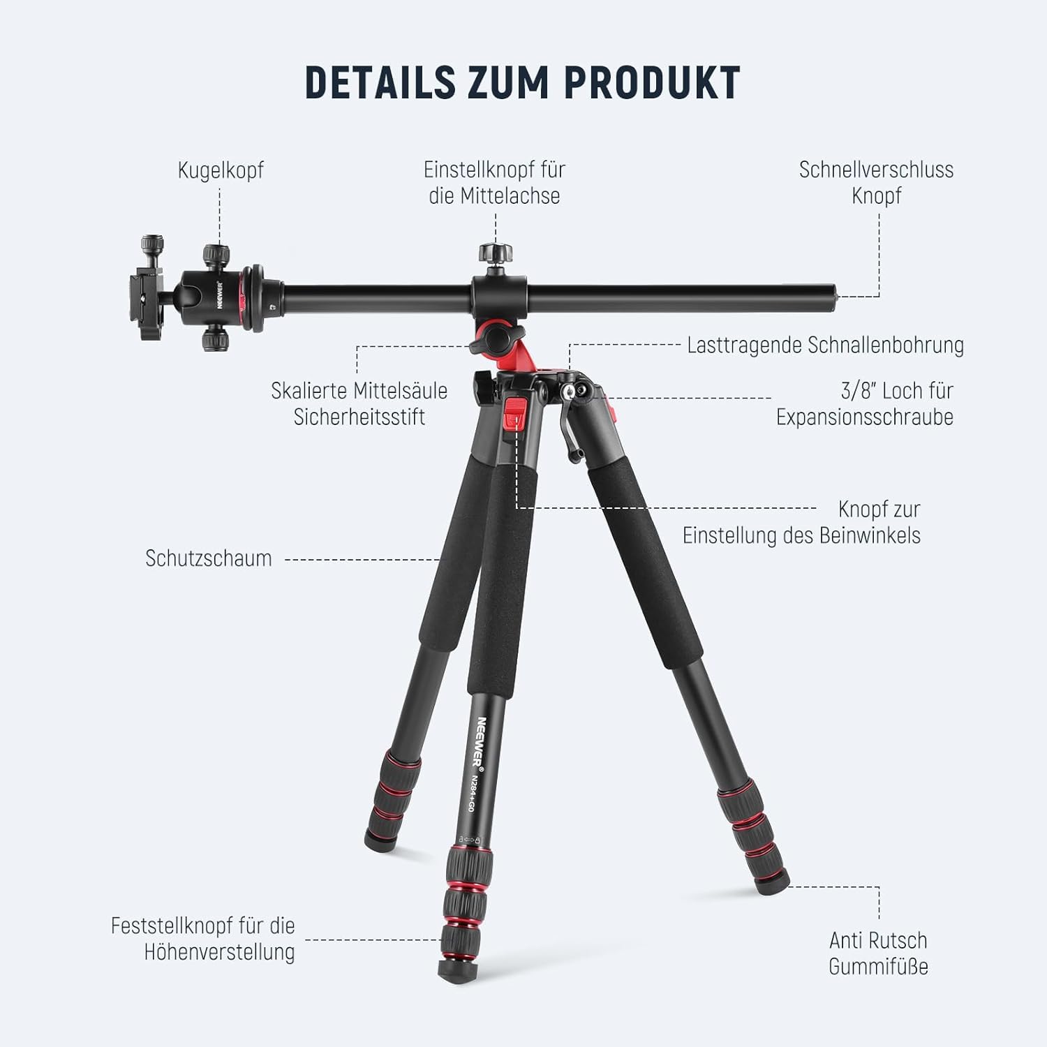 NEEWER 184cm Stativ für Kamera Einbeinstativ mit Mittelsäule Kugelkopf Aluminium Arca QR Platte Tasche 15kg