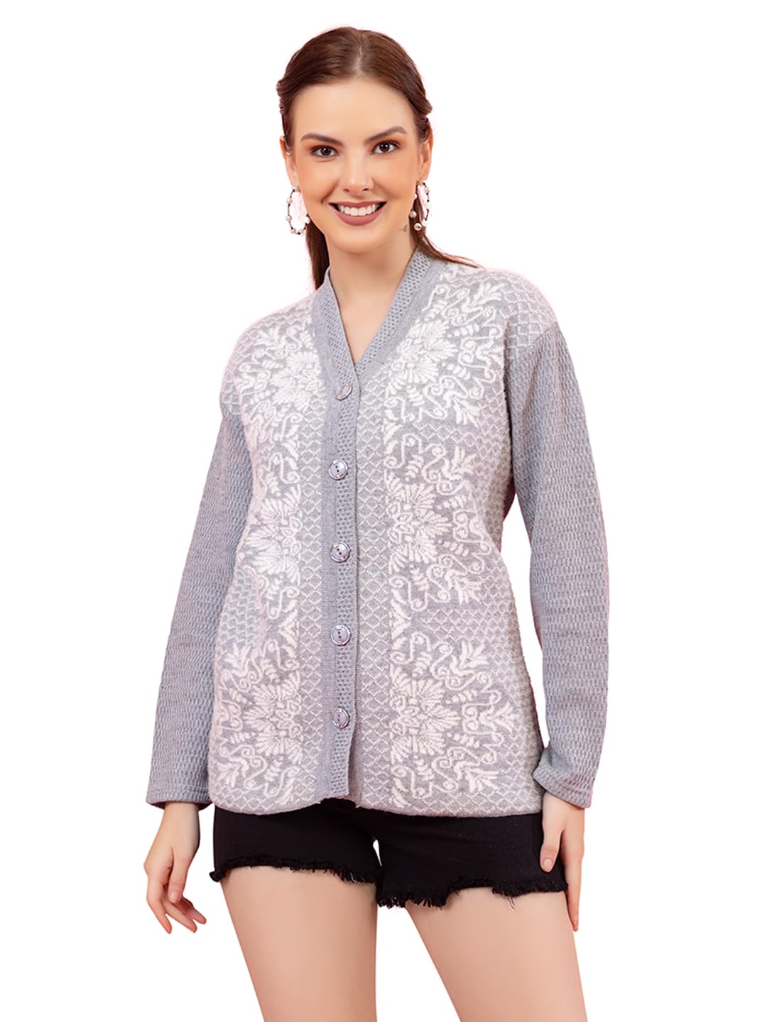 swaaglok - style that speaks Women’s Wool Blend Cardigan | Long Sleeve V-Neck Button Down Sweater | Elegant Floral Knit Design | Warm Winter Casual & Office Wear-picture-16