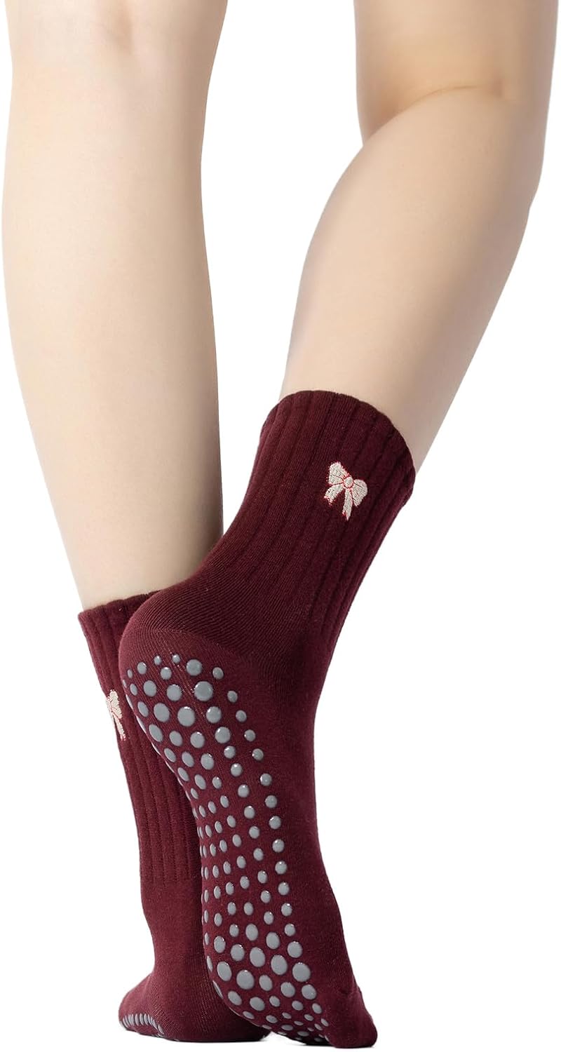 Yoga Pilates Socks with Grips for Women Non Slip Striped Cushioned Crew Socks for Barre Ballet Dance