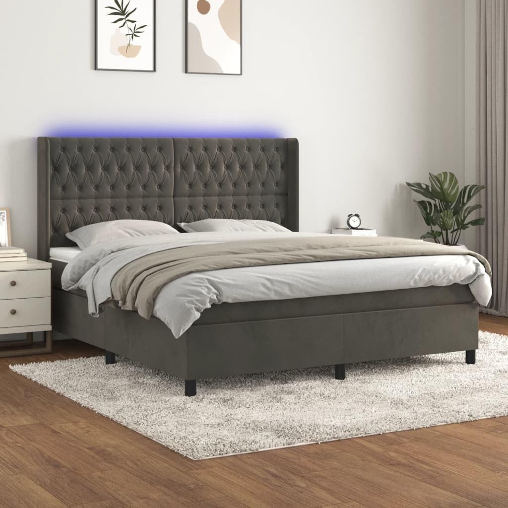 aksamit z regulowanym zagłówkiem i LED kontynentalne 180x200cm szary | Łóżko kontynentalne z materacem i LED, szary aksamit 180x200cm, z regulowanym zagłówkiem i diodami LED do sypialni