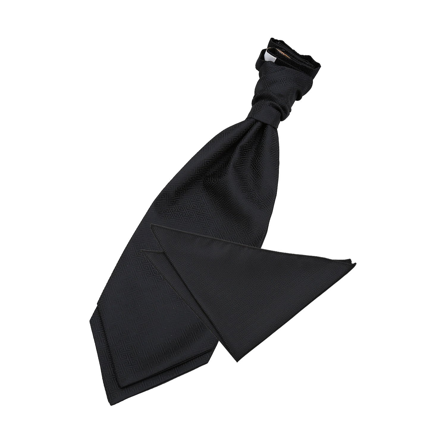 DQT Mens Greek Key Jacquard Cravat & Pocket Square Set – Wedding Business & Formal Scrunchie Ascot Set - Black