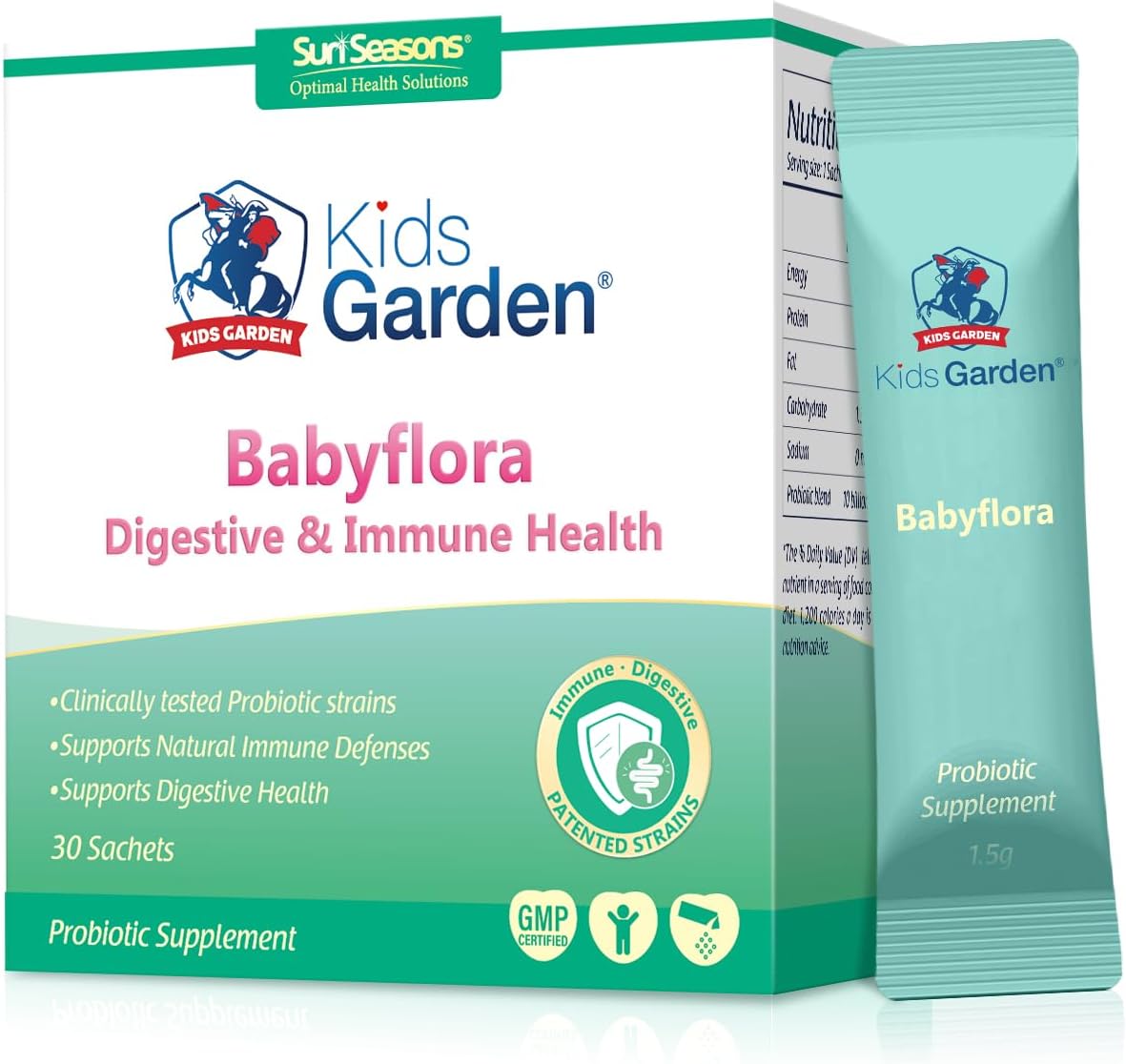 Kids Garden Babyflora Plus Probiotic Powder, Digestive & Immune Health Support for Children, 25 Sachets, Unflavored