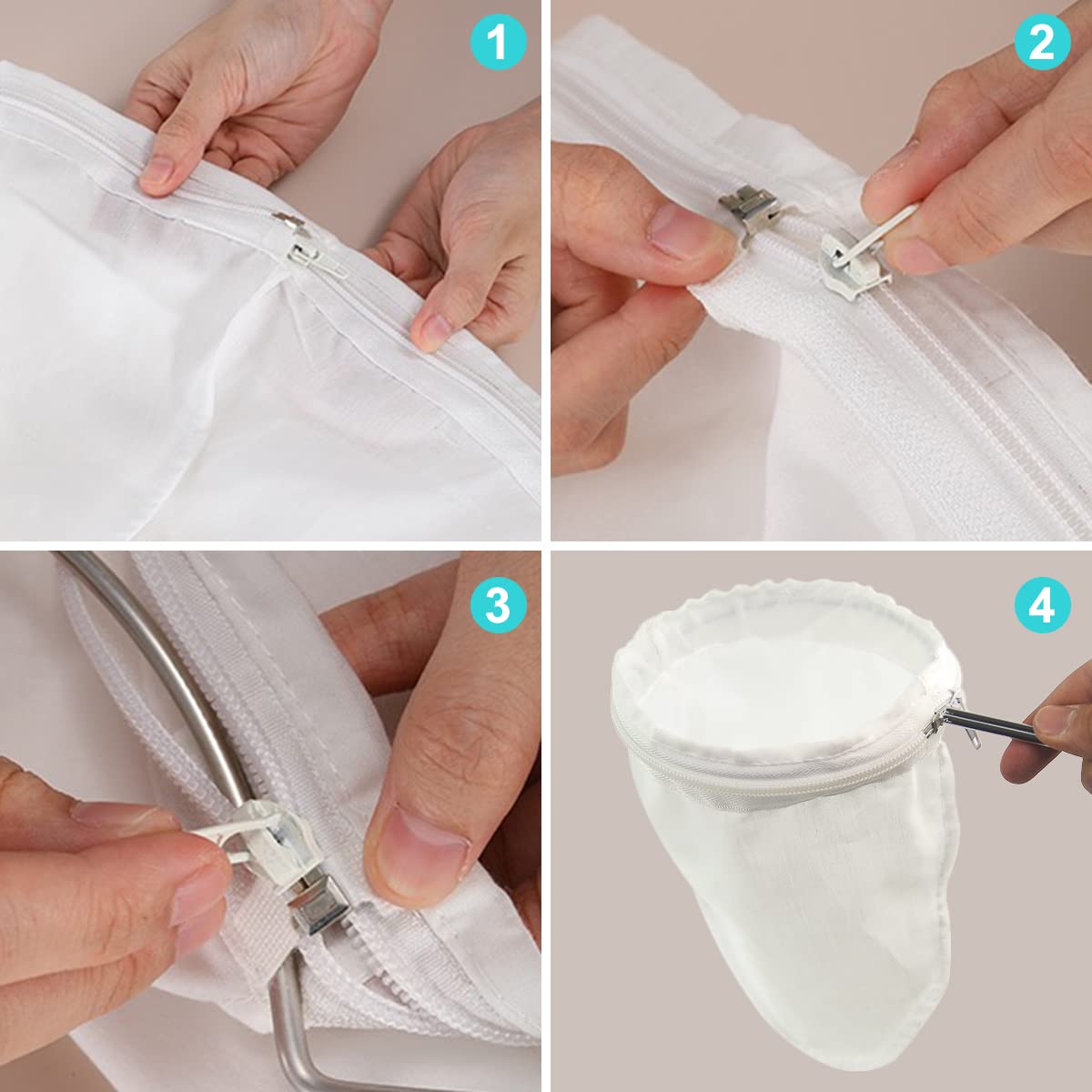 4 Piezas Bolsa de Leche de Nuez Reutilizable, Paño de Filtro Algodón, con Cremallera y Aanillo Acero, Bolsa Colador de Malla Fina, para Bebida Vegetal, Zumos Batidos de Frutas Verduras, Leche Vegetal