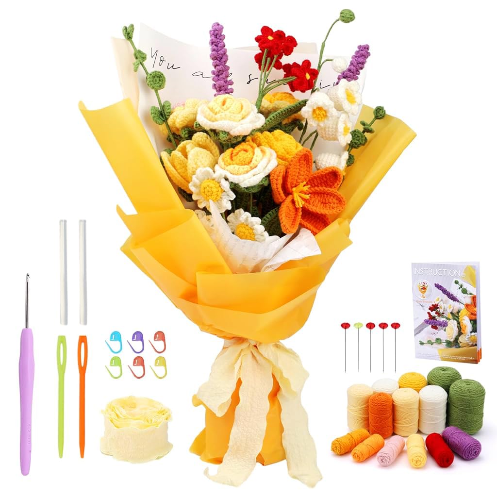 PATPAT Cotton Diy Crochet Kit Diy Flower Bouquet Material Kit Rose Flowers Bouquet Crochet Kit With Tools & Tutorial Pamphlet Starter Friendly Diy Valentine's Day Gift, Wedding Gift