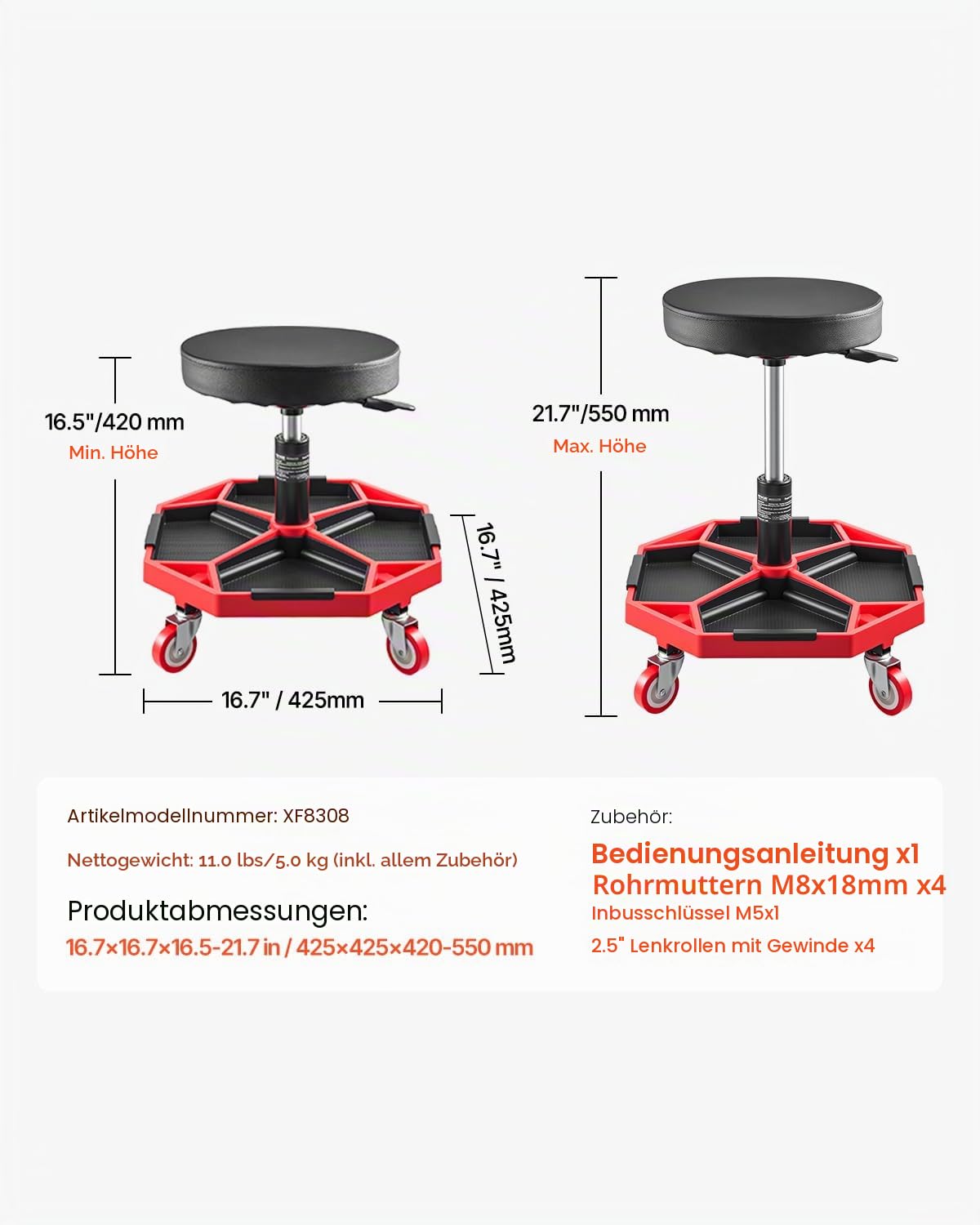 VEVOR Rollbarer Werkstatthocker Werkstattsitz (136 kg Tragkraft) Garagensitz Arbeitshocker, höhenverstellbar (420–550 mm), Rollsitz mit Werkzeugablage für Garage Werkstatt Autoreparatur, Schwarz+Rot