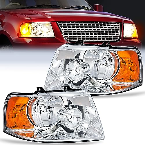 Image of Nilight Headlight Assembly Compatible with 2003 2004 2005 2006 Ford Expedition Headlamps Replacement Chrome Housing Amber Reflector Clear Lens Driver and Passenger Side