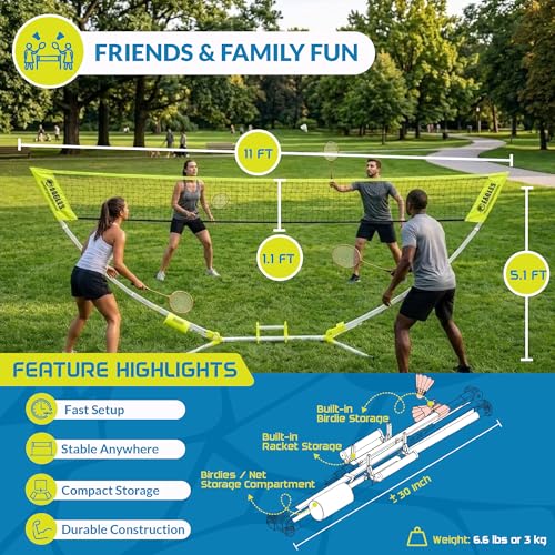 Image of Complete Portable Badminton Set - Quick & Easy Setup - 4 Rackets 2 Birdies Shuttlecock 1 Net & Badmington Pole Frame for Backyard Park & Beach Games Indoor Outdoor
