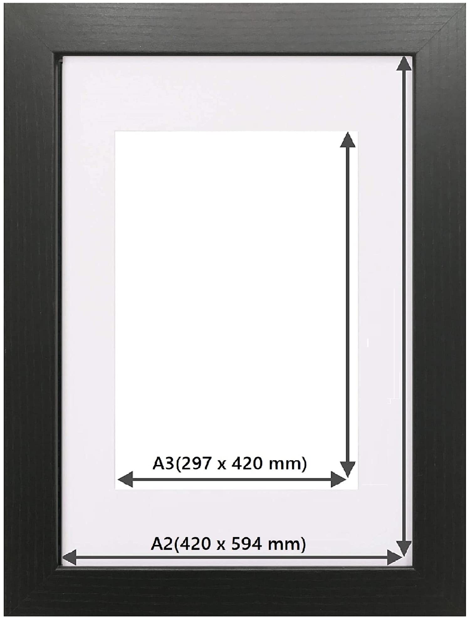A2(42x59.4cm) Frame With A3(29.7x42) Mount Picture Frame Best To Display Arts Prints Paintings Canvas Wall Hanging Photo Frames (Black)