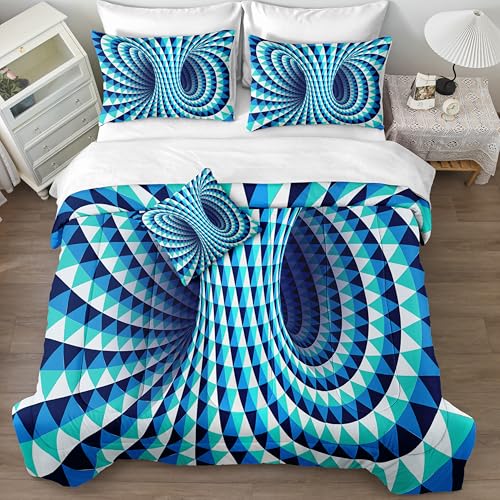 Bedorm Triangolo Geometrico Comforter Set 3D Astratto Set di Biancheria da Letto con Set di Lenzuola Aqua Blue Triangolo Tunnel Estetico Comforter Moderno Psichedelico Biancheria Da Letto Comforter