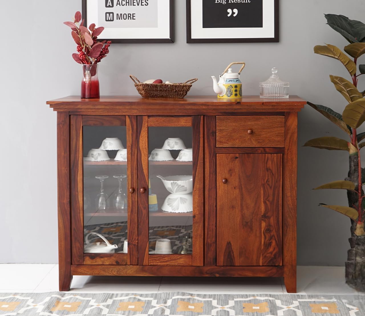 Credenza Solid Sheesham Wood Kitchen Storage Cabinet with 2 Glass Doors & 2 Drawers | Wooden Crockery Display Unit for Dining & Kitchen | Multiutility Sideboard Cupboard – Walnut Finish-image-17