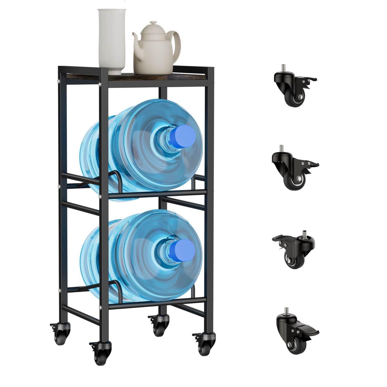 5 Gallon Water Jug Holder, 2-Tier Water Jug Stand with Wood Top Shelf