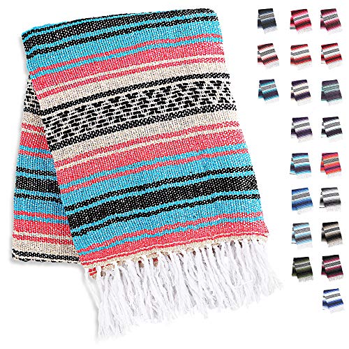 Zulay Home Authentic Mexican Blankets - Hand Woven Yoga Blanket & Outdoor Blanket - Artisanal Boho Blanket & Mexican Falsa Blanket for Beach, Picnic, Camping, or Home Throw Blanket (Blue Pink Sand)