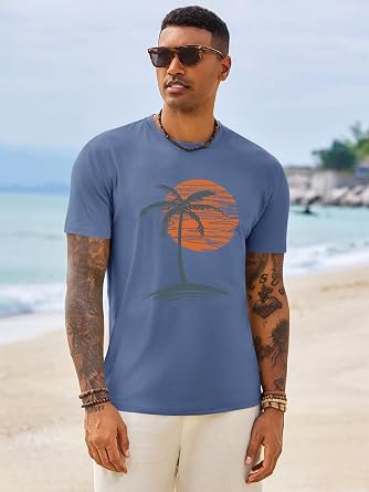 Runcati Mens Short Sleeve T-Shirts Graphic Crew Neck Casual Shirt Summer Beach Palm Tree Printed Vintage Hawaiian Tees