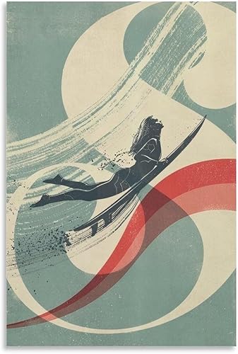 Póster vintage de surf Impresión artística de pared costera, decoración de niña surfista, divertida pintura retro en lienzo para estética de