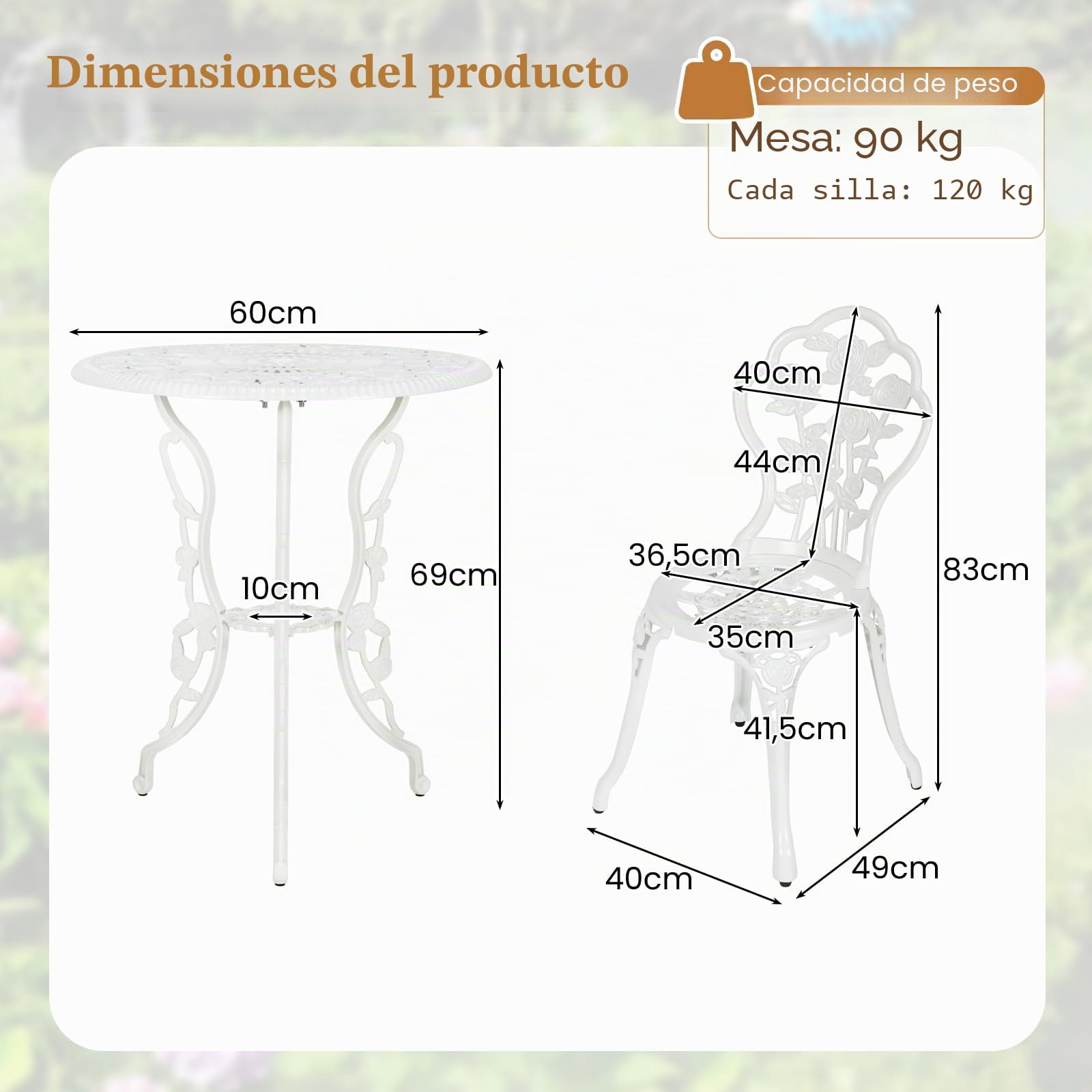 GIANTEX Juego de Mueble de Jardín 3 Piezas, 1 Mesa y 2 Sillas con Respaldo, de Aluminio, Mueble de Terraza de Estilo Retro, con Agujero para Sombrilla, para Jardín, Terraza o Parque (Blanco)