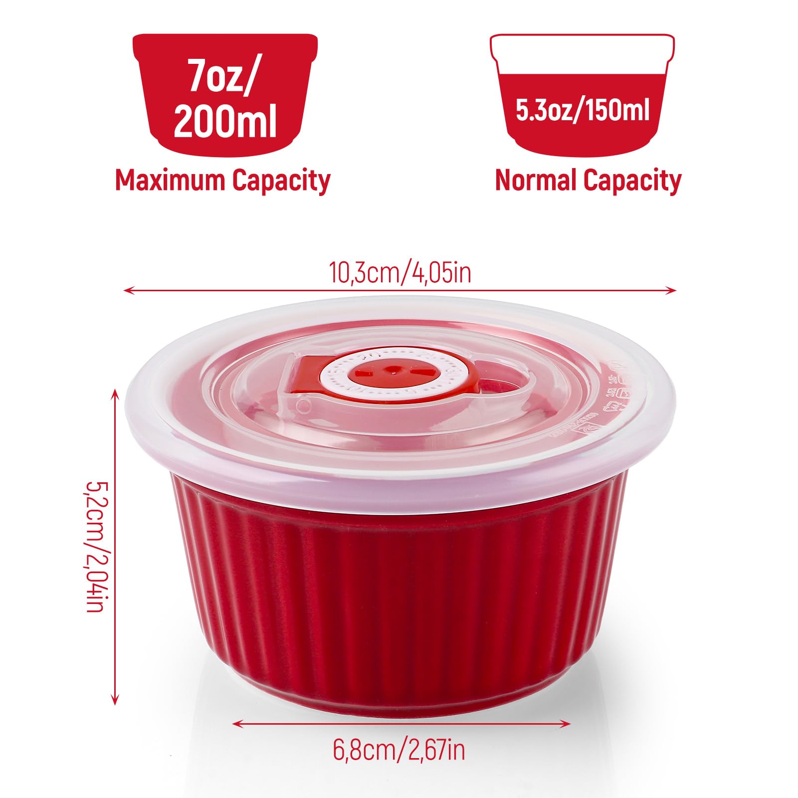 6 Pezzi Ciotole Ceramica Rosse con 6 Coperchi 200 ml 9 x 5 cm, Stampi Soufflé e Ramequin Ceramica per Forno, Dessert, Budino, Antipasti e Pasticceria