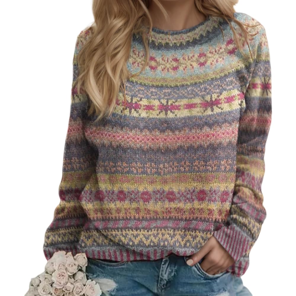 TIAFORD Womens Boho Colorful Fair Isle Knit Sweaters Crew Neck Long Sleeve Slim Fitting Pullover Fall Winter Fashion