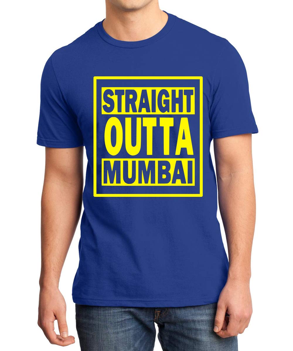 CaseriaMen's Round Neck Cotton Half Sleeved T-Shirt with Printed Graphics - Straight Outta Mumbai (Royal Blue, L)