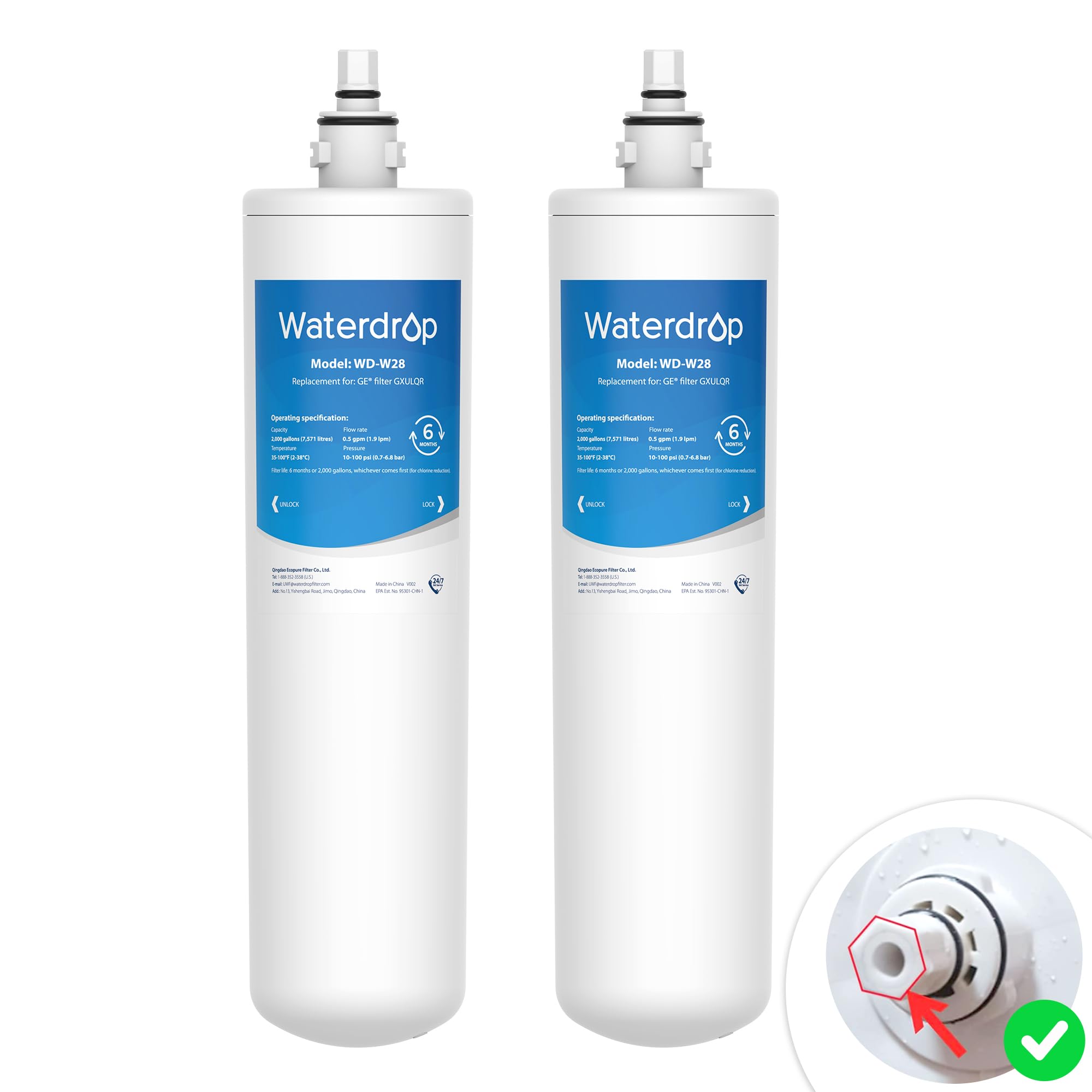 Waterdrop FQK1R, GXULQR Under Sink Water Filter, Replacement for Hexagonal Head GE FQK1R, GXULQR, Compatible with GE GXK140TNN and GXULQK, NSF/ANSI 42 372 Certified, 2K Gallons, 2 Pack