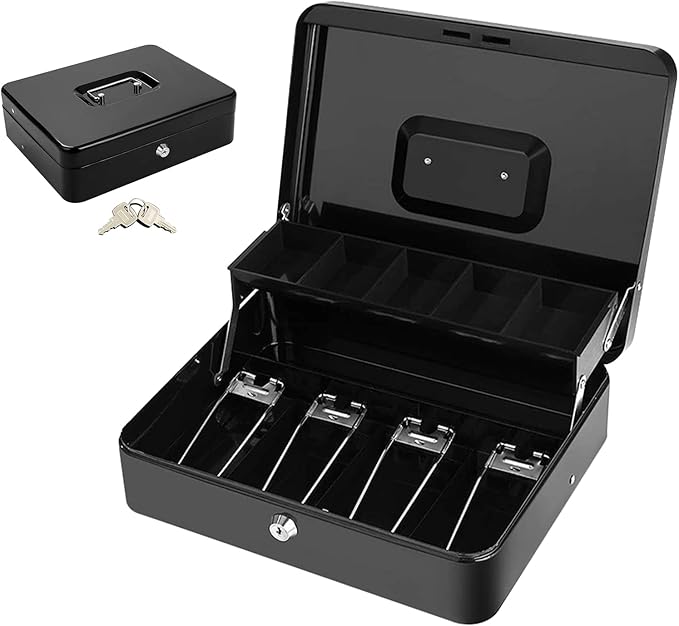 VOLKWELL Cash Box with Lock, safe box with Money Tray and Combination