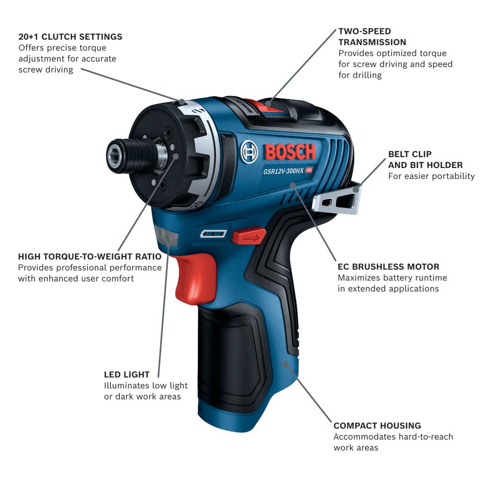 BOSCH GSR12V-300HXN 12V Max Brushless 1/4 In. Hex Two-Speed