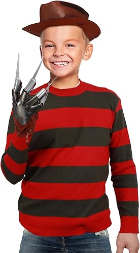Miniatura 5 de Disfraz de Halloween de Kruege para niños, suéter a rayas rojas, máscara espeluznante con sombrero de vaquero de garra de 4 piezas