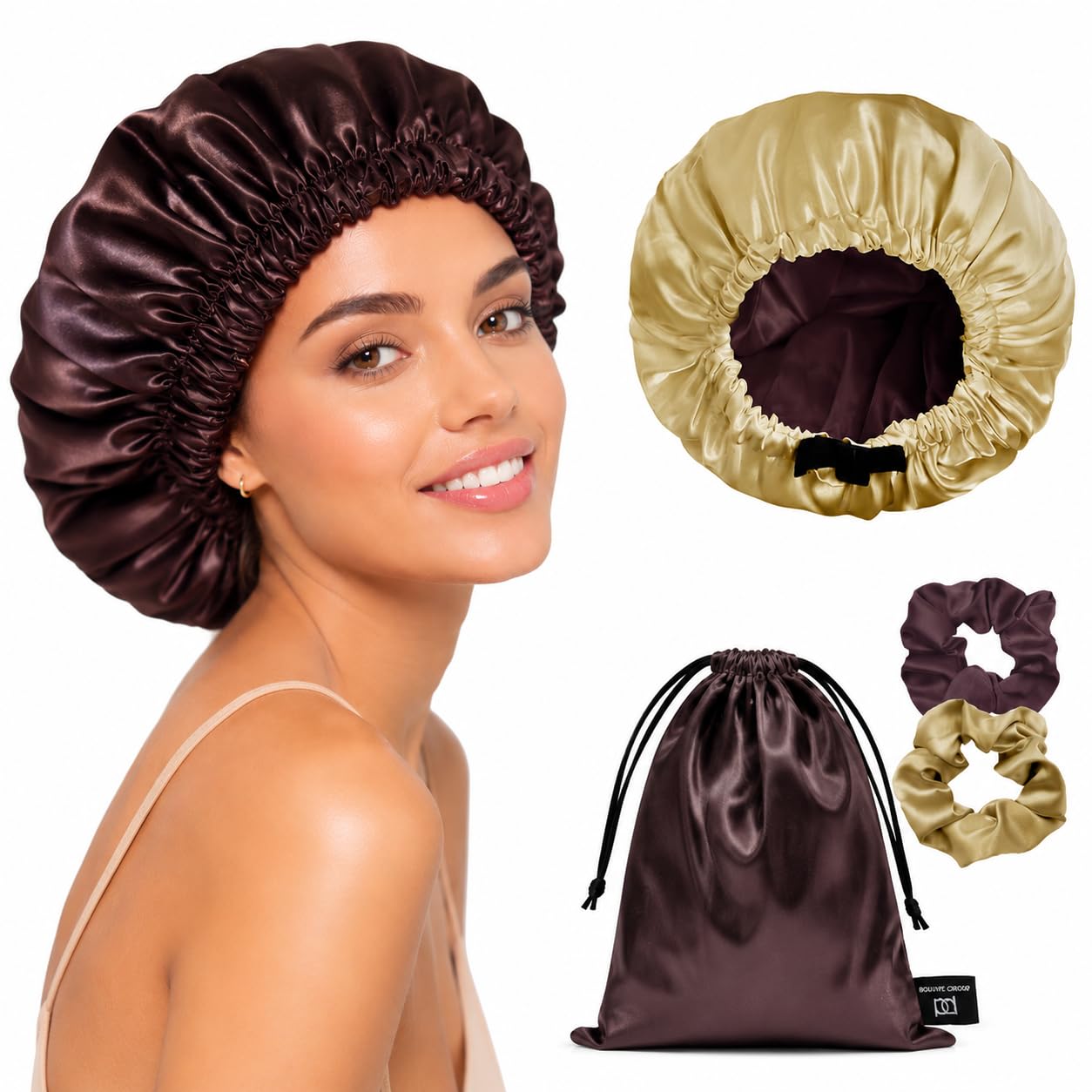 BONNET QUEEN Cuffia Seta Capelli Notte, Reversibile Cuffia Capelli Ricci Notte, Fascia Elastica Doppio Strato Silk Bonnet con 2 Elastici in Seta & Borsa Portaoggetti, Oro&Cioccolato, Set 4 Pezzi