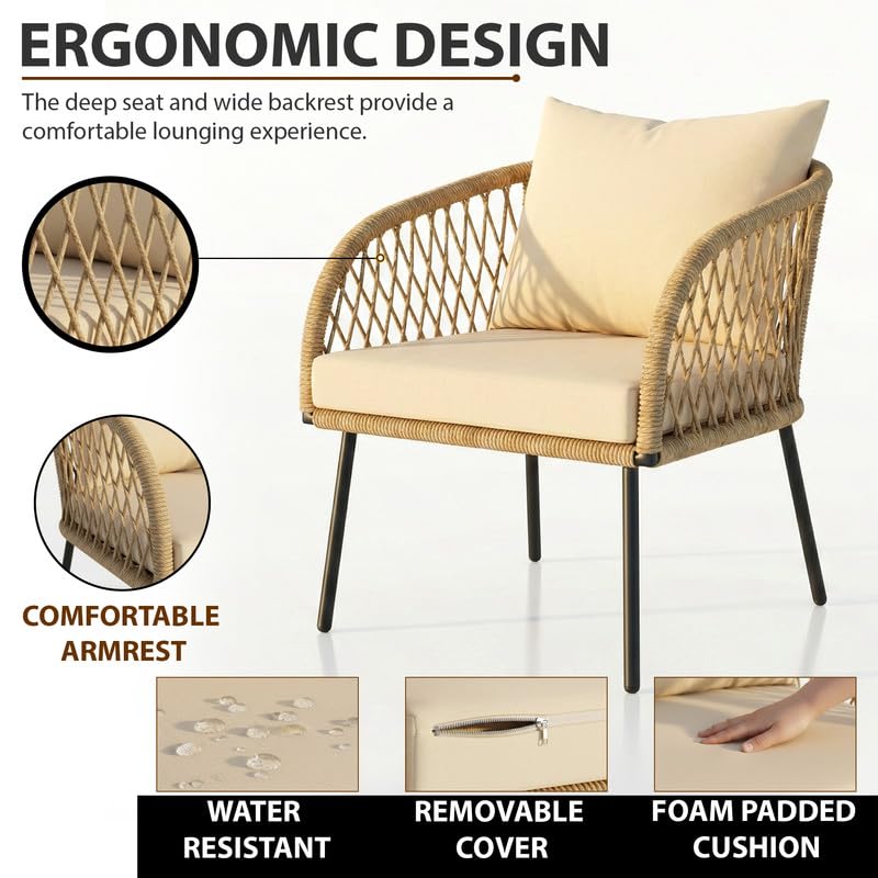 Image of OUTLIVING Braid Rope & Metal Frame Outdoor 4-Seater Sofa Set with Tempered Glass Top Center Table, Water-Repellent Cushions & Handwoven Design for Patio, Garden and Balcony (Beige)